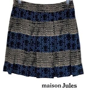 Madison Jules Black Blue Cream Batik Print‎ Pleated Skirt Size M